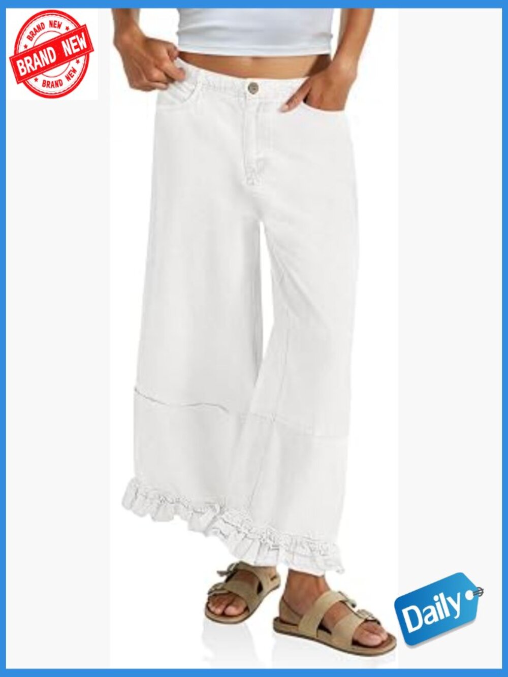 Ruffle Wide Leg High Waisted Baggy Denim Pants with Pockets